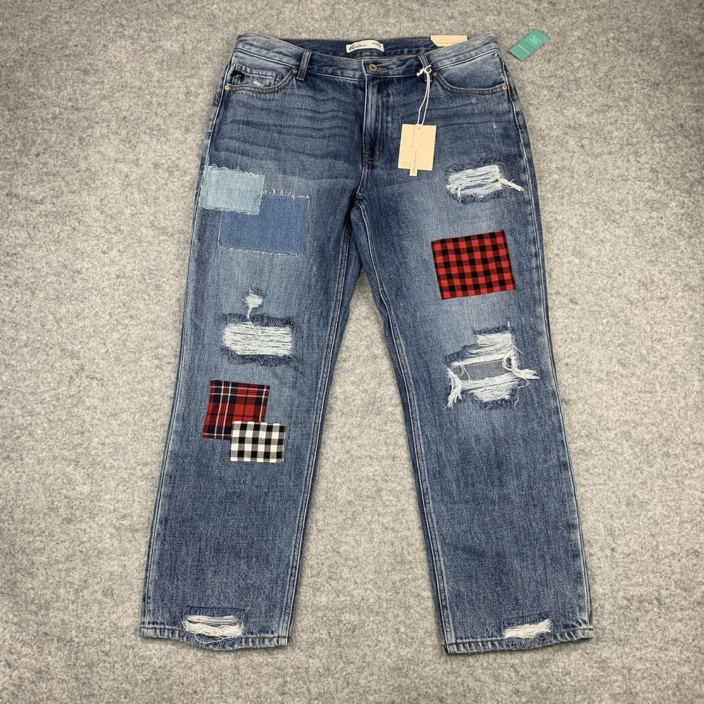 NEW KanCan Maurice's X High Rise Plaid Patch Ripped Boyfriend Jeans Size 30X28
